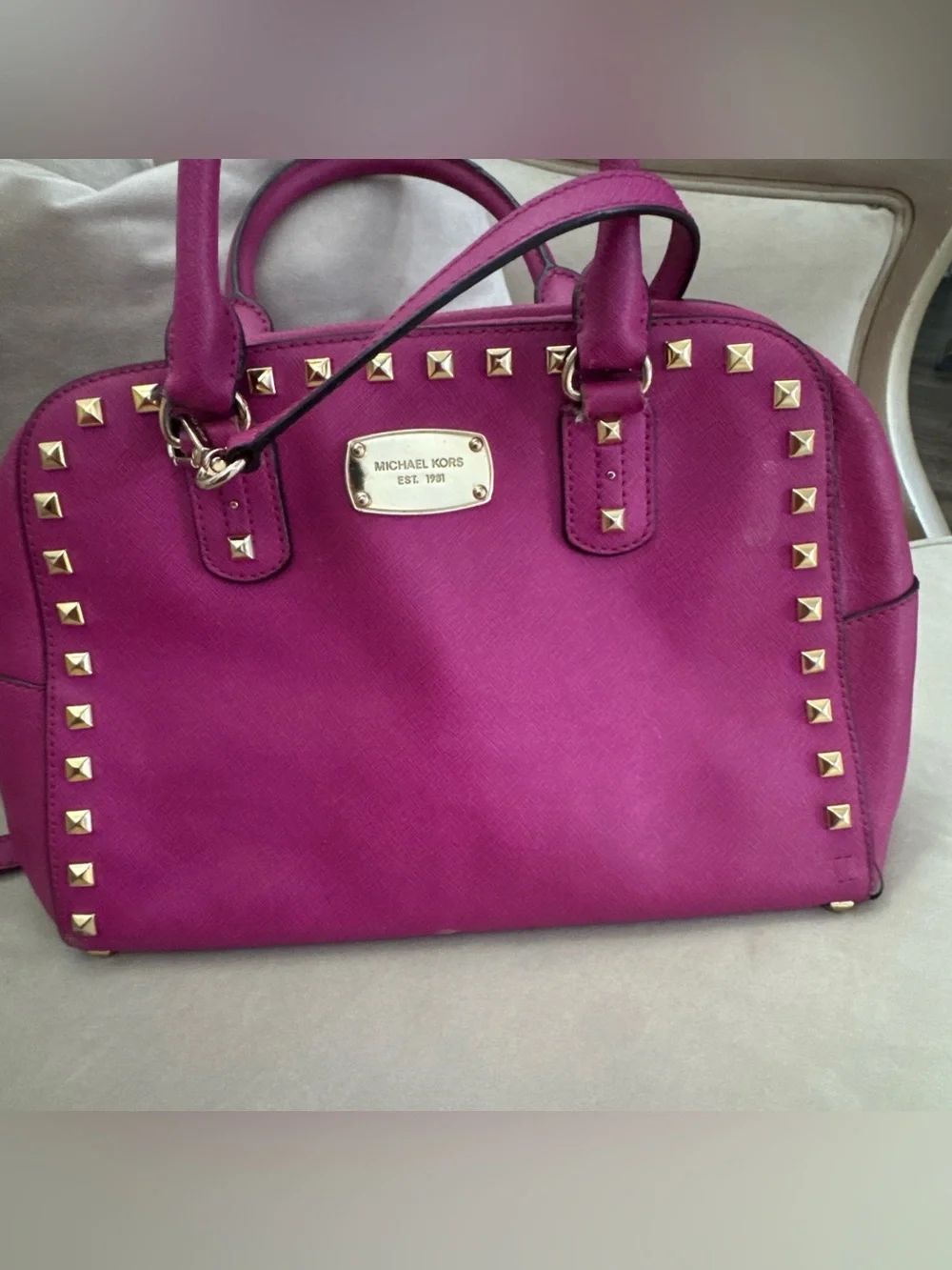 Michael Kors Selma Studded Hot Pink Leather Medium Satchel Crossbody Bag